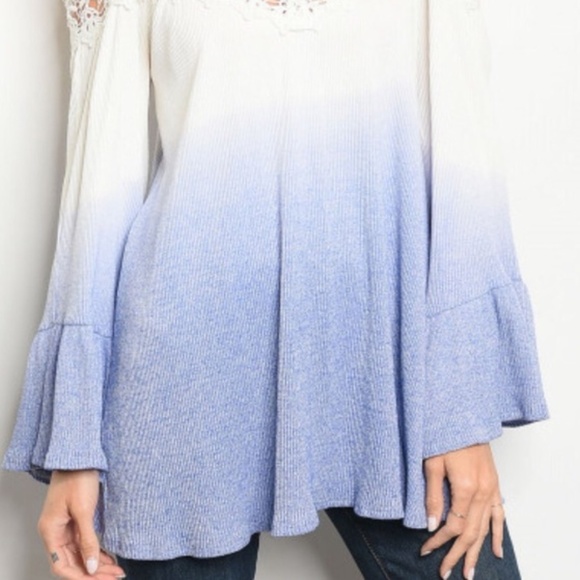 COLD SHOULDER 🆕️ Shirt Icy White Blue Bell Sleeve - Picture 4 of 8